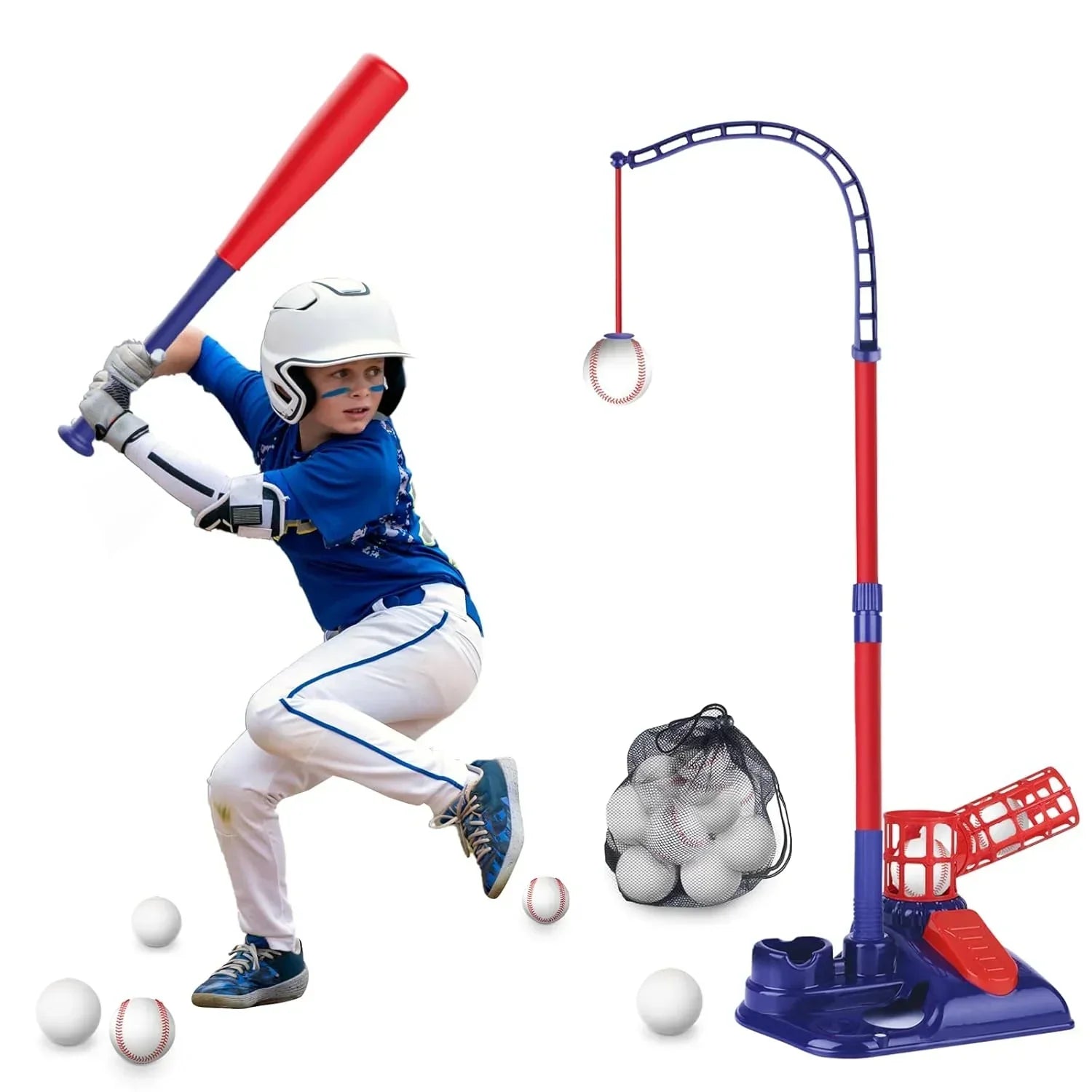 3-in-1 Kids Baseball Set – Tee Stand, Hanging Tee & Ball Launcher with 6 Balls | Adjustable Height Outdoor Game (Ages 3–12) - Jaiman Toys