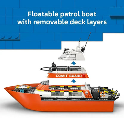 LEGO City 60504 Coast Guard Rescue Boat & Helicopter Toy - Emergency Vehicles Playset w/Model Floating Ship, 5 Minifigures & a Dog Figure - Birthday Gift for 7+ Year Old Boys