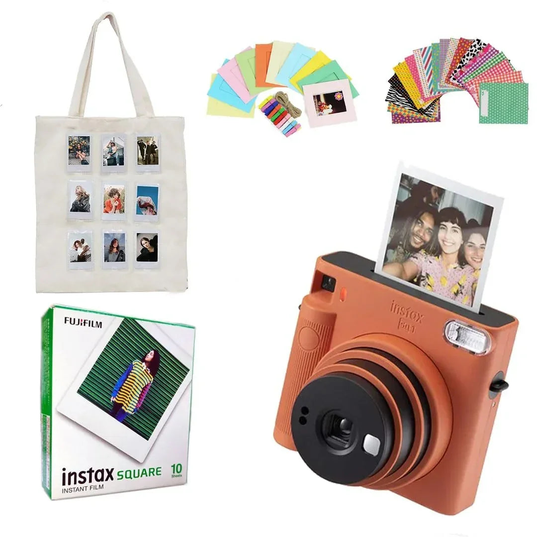 Fujifilm Instax Square SQ1 Instant Camera + 10 Square Film Shots + Canvas Tote Bag + Photo Hanging Set + Fridge Megnet Set + Photo Stickers Set - Terracotta Orange - Jaiman Toys