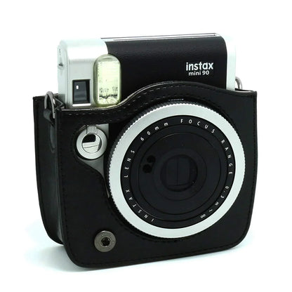 Vintage Charm – Classic PU Leather Case with Strap for Instax Mini 90 Neo Classic - Black - Jaiman Toys