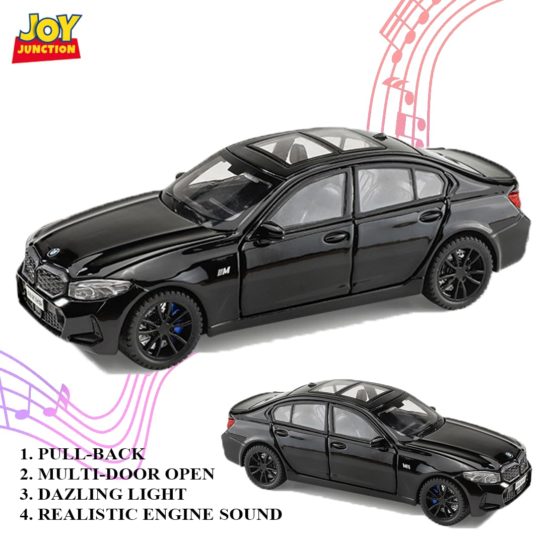 Joy Junction BMW 3 Series 1:32 Die-Cast Car Black – Alloy Metal Pullback Toy Car with Lights, Engine Sound & Opening Doors