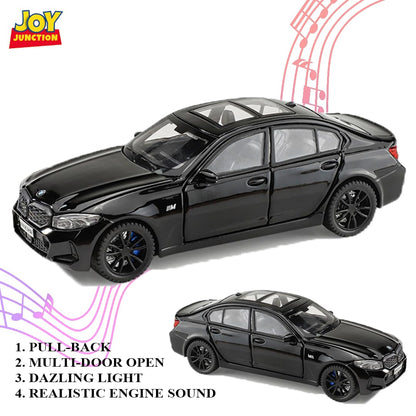 Joy Junction BMW 3 Series 1:32 Die-Cast Car Black – Alloy Metal Pullback Toy Car with Lights, Engine Sound & Opening Doors
