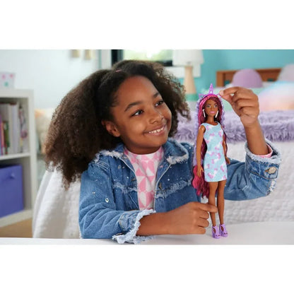 Barbie Fun &amp; Fancy: Brunette Beauty with Extra-Long Colorful Hair and Shimmery Pink Dress - Jaiman Toys