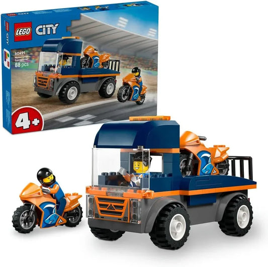 LEGO City - 60491 Motorcycle Transporter - Fine Motor Skills Toy w/Flatbed Truck, 2 Motorbikes, 2 Minifigures, Ramp & Accessories - Birthday Gift for 4+ Year Old Boys