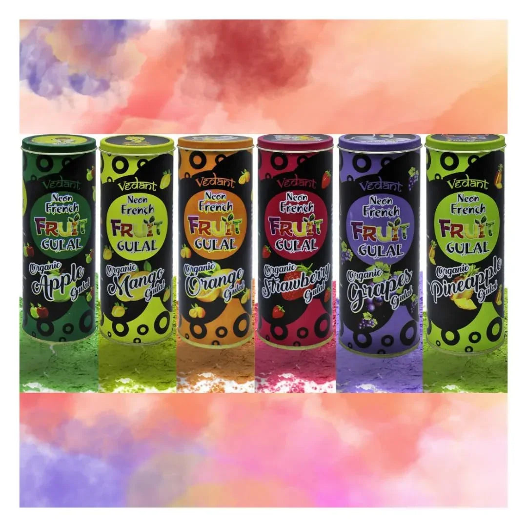 Vedant Neon French Organic Fruit Gulal for Holi – Safe & Skin-Friendly Natural Colors with Fruity Fragrance for Kids & Adults - Jaiman Toys