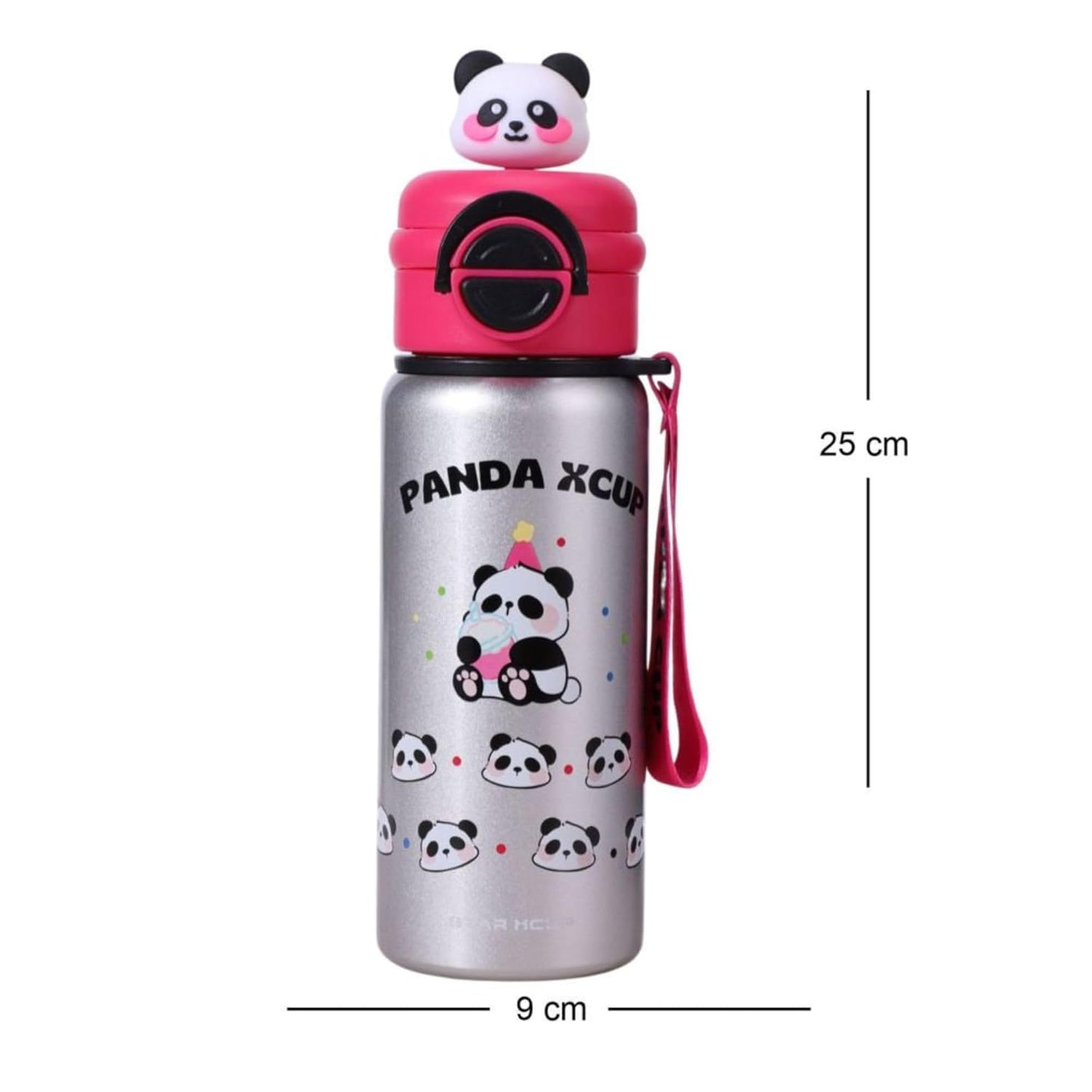 Panda Kids Water Bottle 500ML with Straw Lid – Leakproof Cartoon School Water Bottle for Children (Silver)