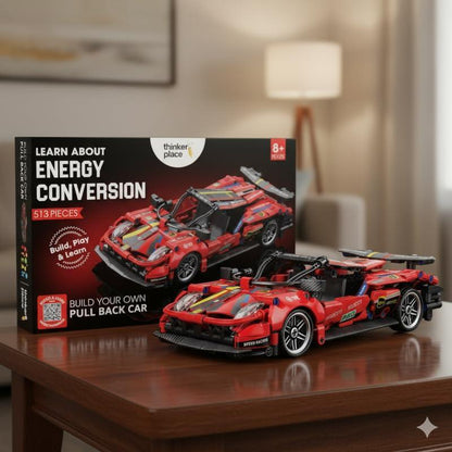 ThinkerPlace 1:18 DIY Blocks Pull-Back Car – Red | Buildable STEM Construction Racing Toy for Kids 8+