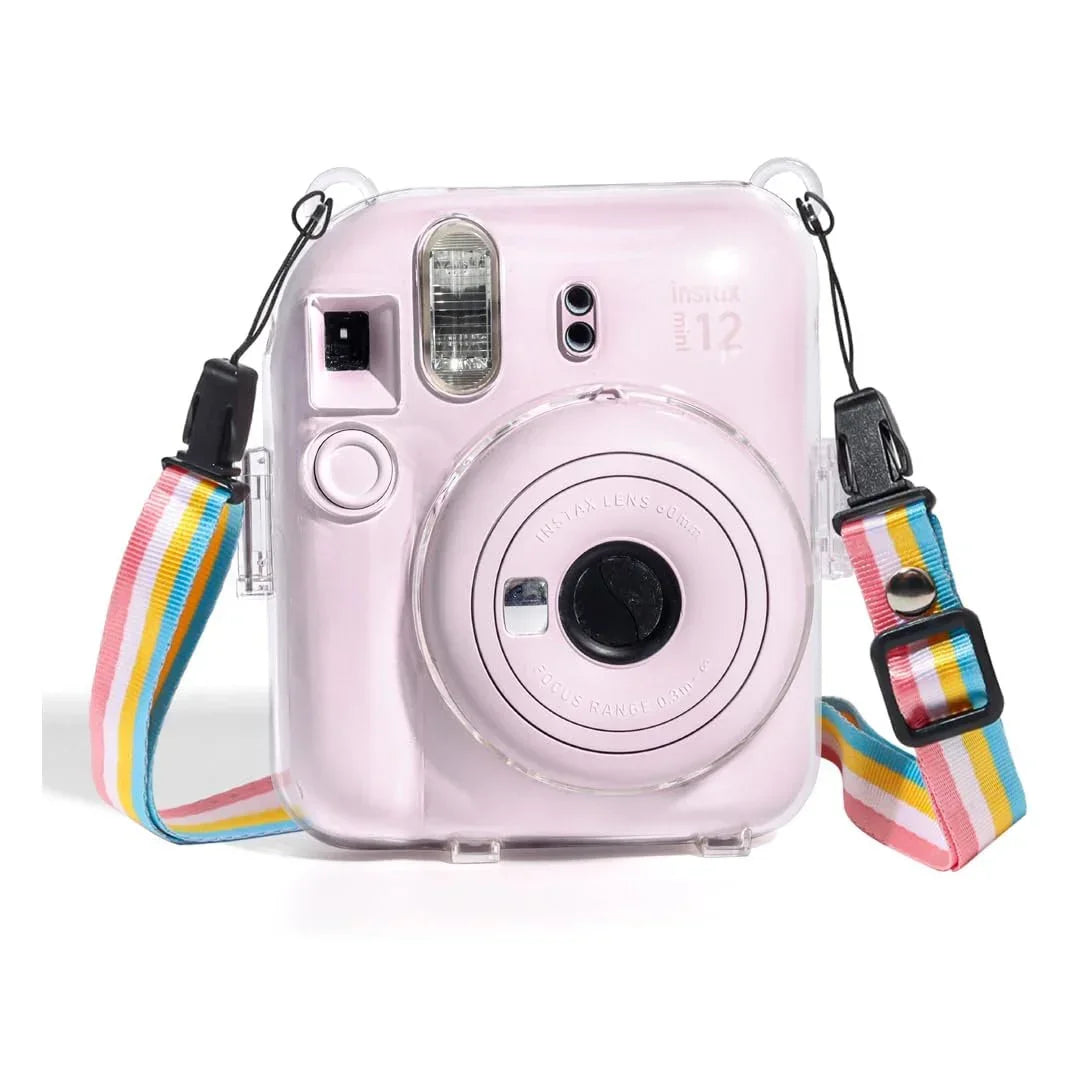 Accessories Bundle - Camera Case for Fujifilm Instax Mini 12 (Crystel Clear) + Adjustable Rainbow Strap and Photo Pocket in Back + Case Decorative Stickers - Blossom Pink - Jaiman Toys