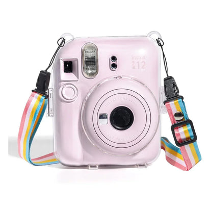 Accessories Bundle - Camera Case for Fujifilm Instax Mini 12 (Crystel Clear) + Adjustable Rainbow Strap and Photo Pocket in Back + Case Decorative Stickers - Blossom Pink - Jaiman Toys