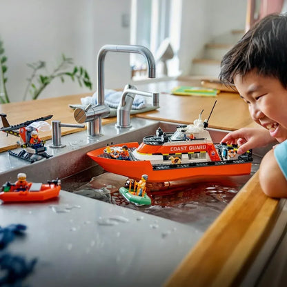LEGO City 60504 Coast Guard Rescue Boat & Helicopter Toy - Emergency Vehicles Playset w/Model Floating Ship, 5 Minifigures & a Dog Figure - Birthday Gift for 7+ Year Old Boys