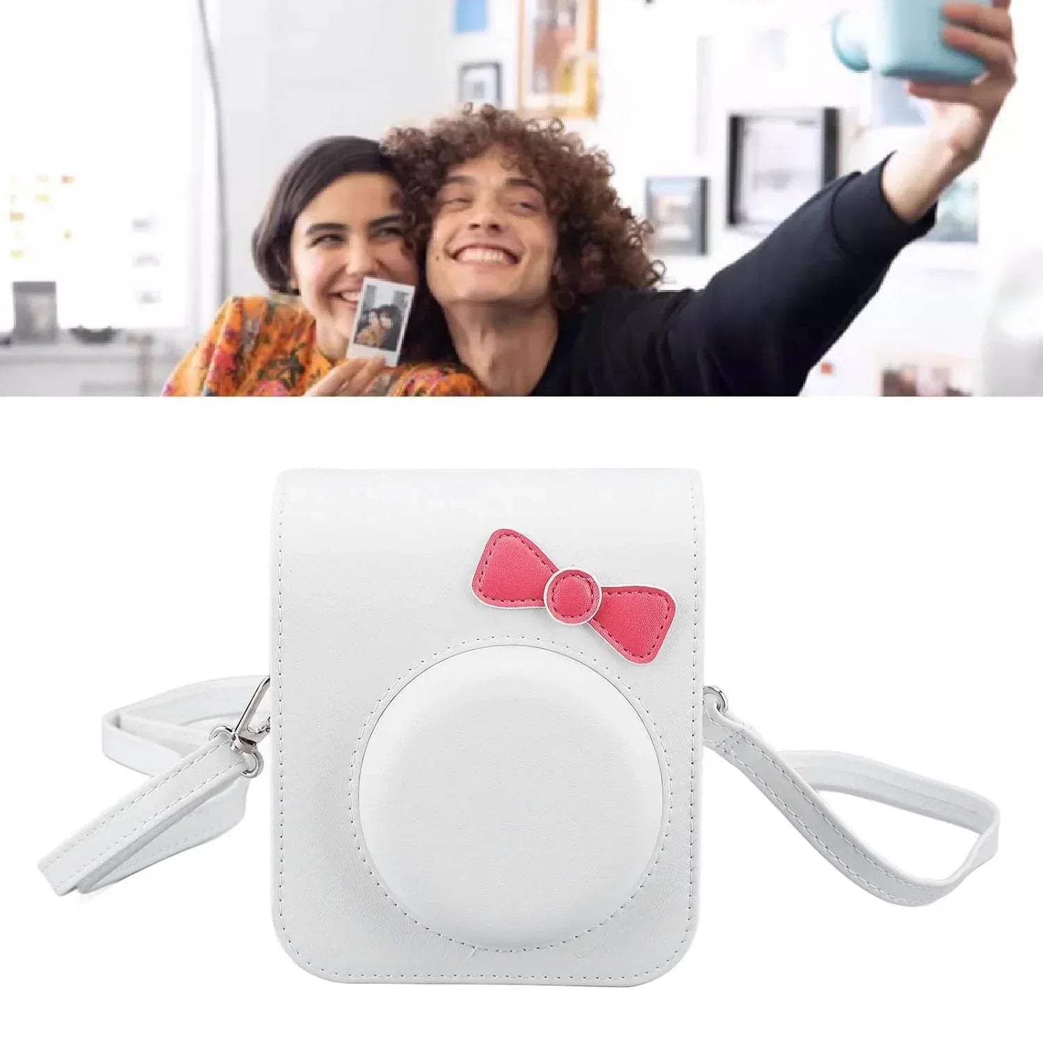 Chic Charm – White Bowknot PU Leather Camera Case for Instax Mini 12 with Strap -White - Jaiman Toys