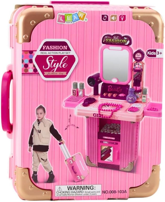 Portable Beauty Makeup Playset with Trolley Suitcase – Kids Pretend Play Vanity Set with Mirror, Hair Dryer & Accessories for Girls