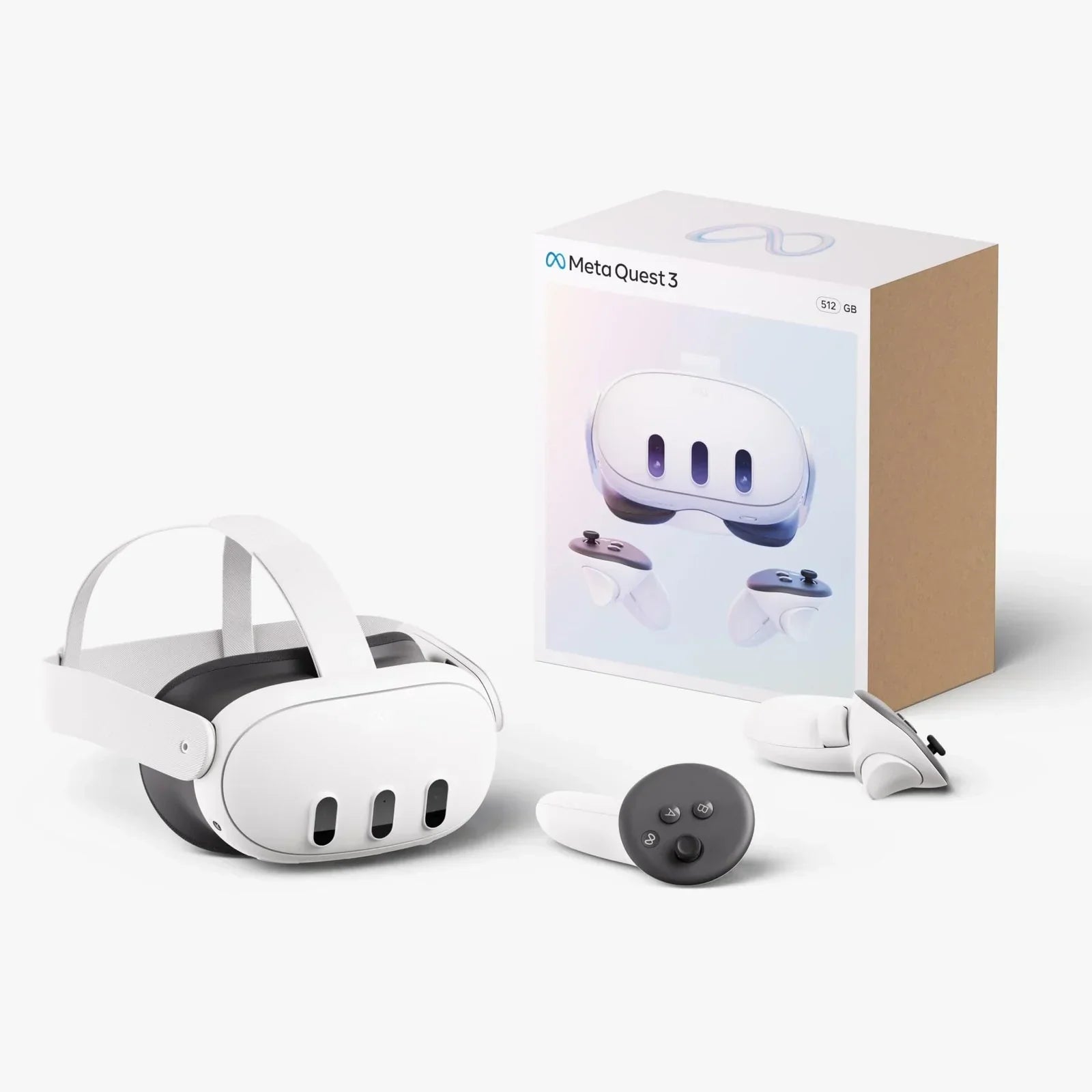 Meta Quest 3 VR headset with controllers and retail box, virtual reality gaming set