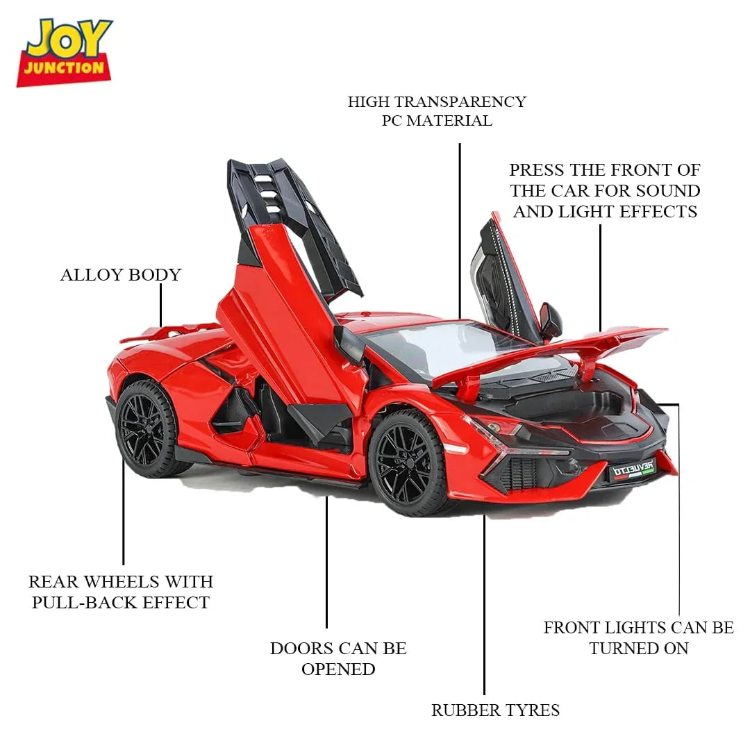 1:24 Lamborghini Street Car Die-Cast Metal Model – Pull Back Alloy Toy Car with Openable Doors, Light, Music & Display Bracket (Red) - Jaiman Toys