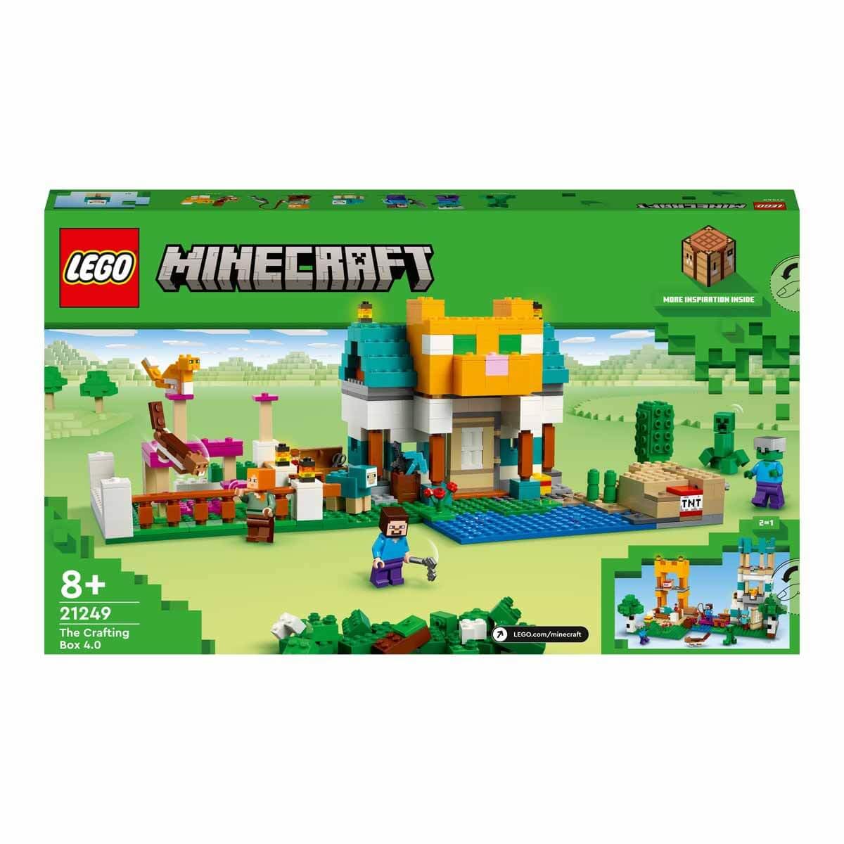 LEGO Minecraft 21249 Crafting Box 4.0: Build Your Adventure with Alex, Steve & Creeper Mobs  2-in-1 River Tower or Cat Hut Fun