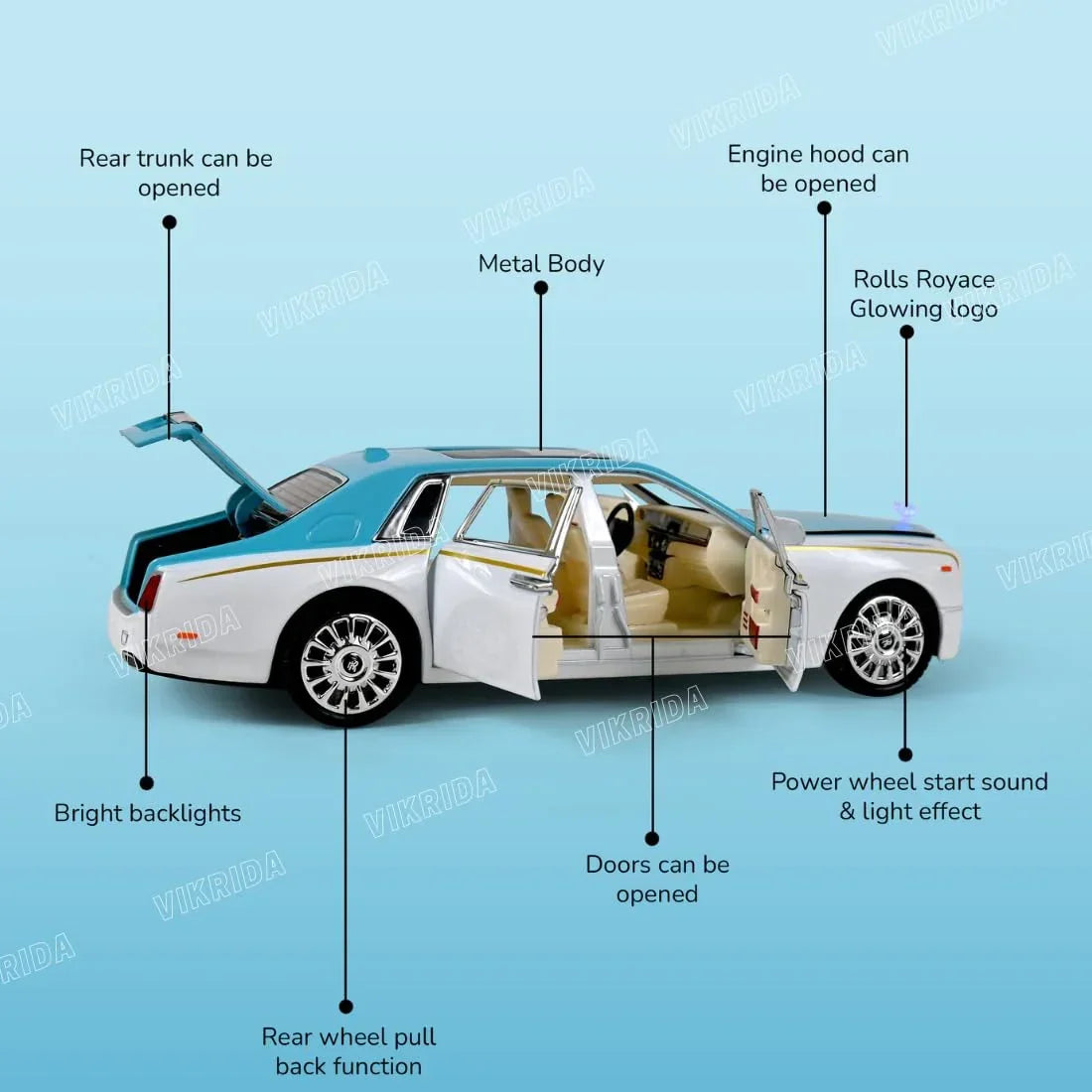 HQT 1:22 Rolls-Royce Phantom Diecast Model Car  Scale - Luxury Metal Toy Car with Openable Doors, Lights & Sound, Pull-Back Action