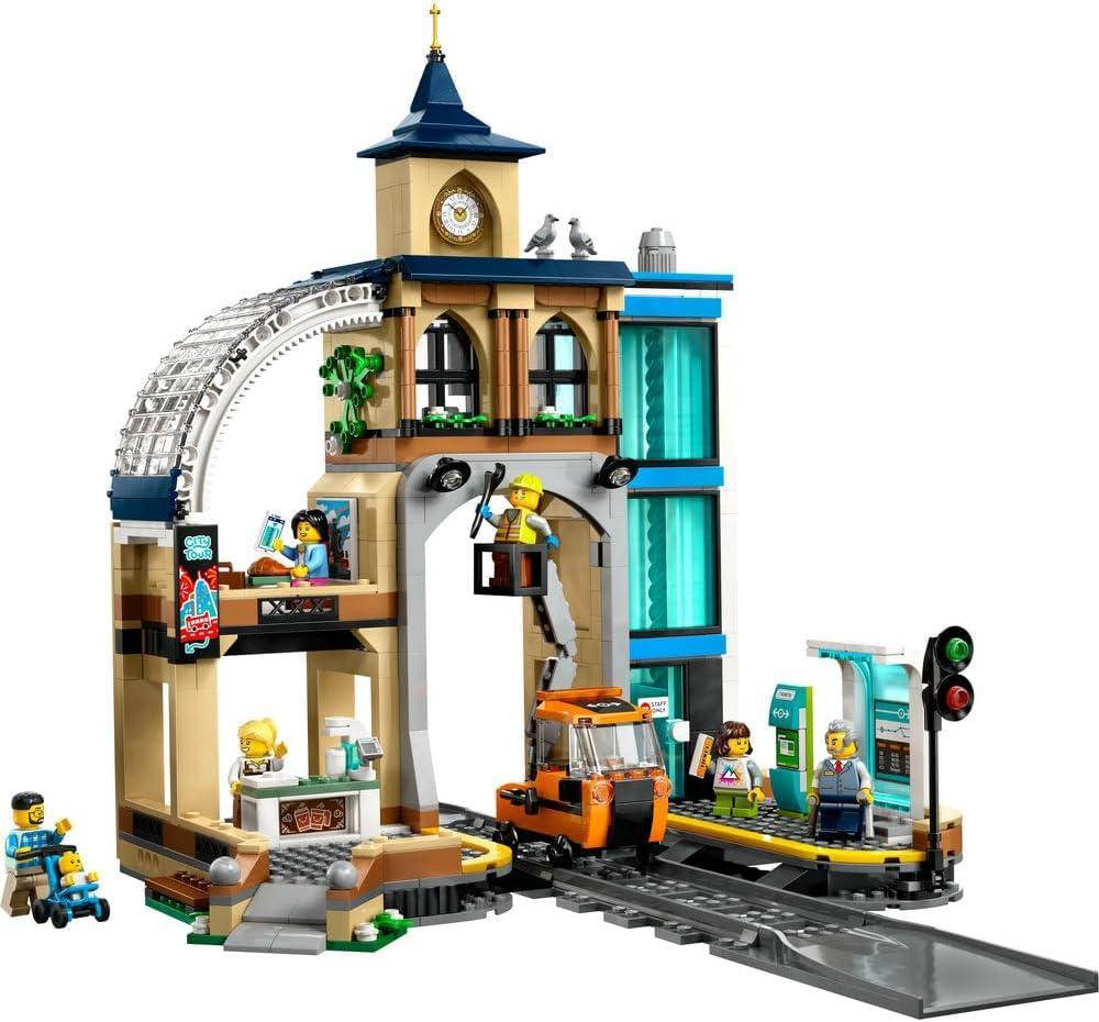 LEGO City 60469  Central Train Station Set with a Maintenance Vehicle Toy, Working Lift, Ticket Machine, 2 Platforms & a Track Piece, plus 6 Minifigures - Gift for 7+ Year Old Boys & Girls
