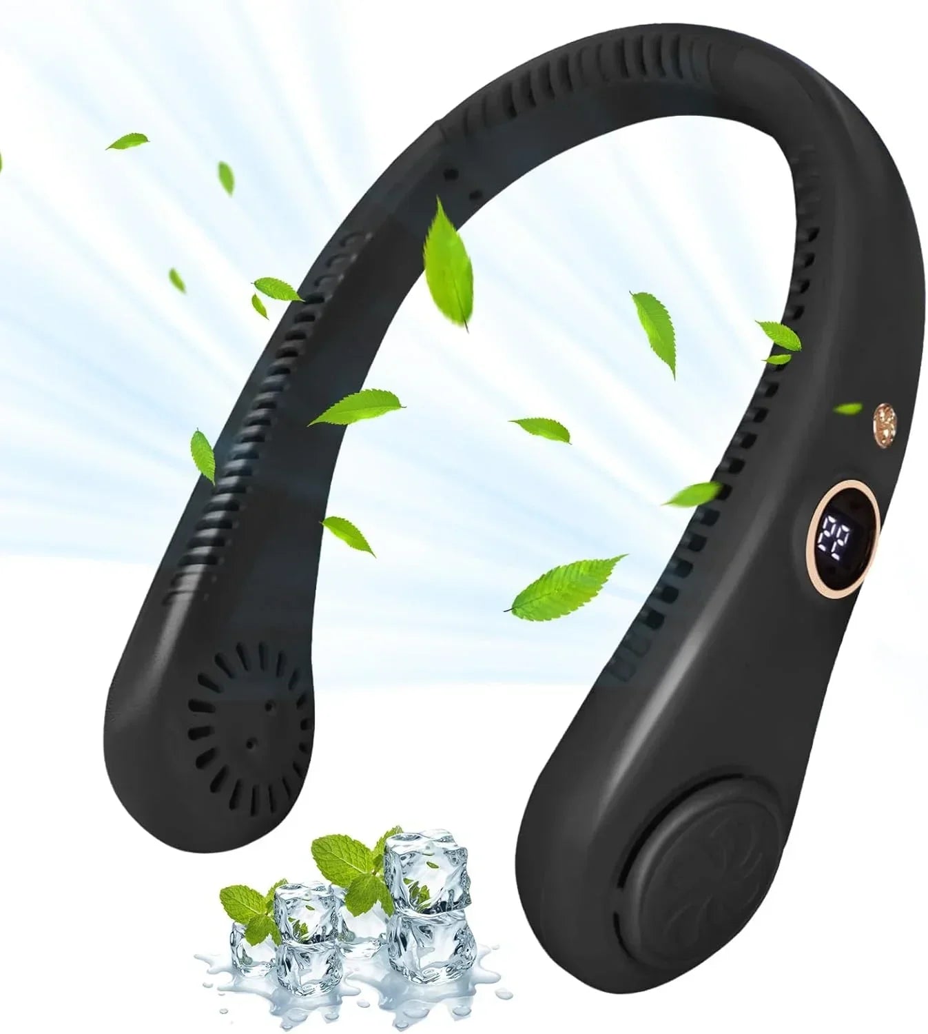 Portable Neck Fan, Personal Fan USB Rechargeable Neck Fan, 5 Speed Hanging Bladeless Fan with Monitor (Black) - Jaiman Toys