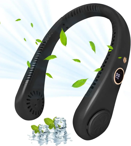Portable Neck Fan, Personal Fan USB Rechargeable Neck Fan, 5 Speed Hanging Bladeless Fan with Monitor (Black) - Jaiman Toys