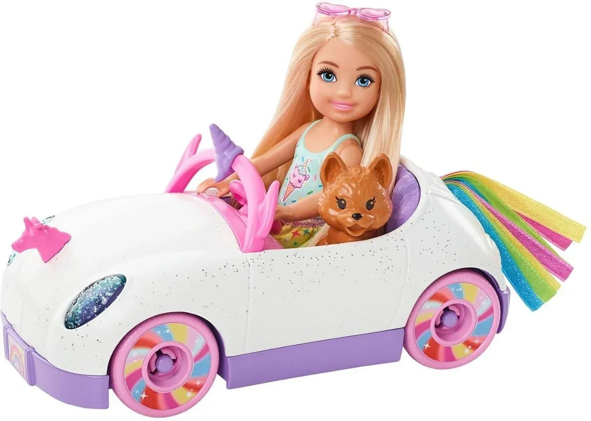 Barbie Club Chelsea™ Doll (6-inch Blonde) with Open-Top Rainbow Unicorn-Themed Car, Pet Puppy, Sticker Sheet & Accessories, Gift for Ages 3 and up - Jaiman Toys
