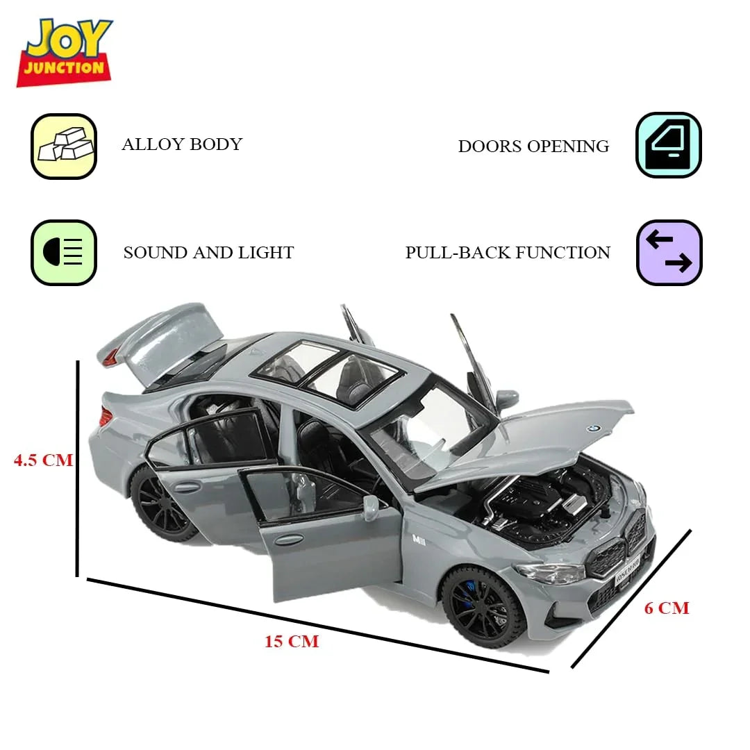 JOY JUNCTION BMW 3 Series 1:32 Scale Alloy Metal Pullback Die-Cast Car – Grey with Lights, Engine Sound & Openable Doors - Jaiman Toys