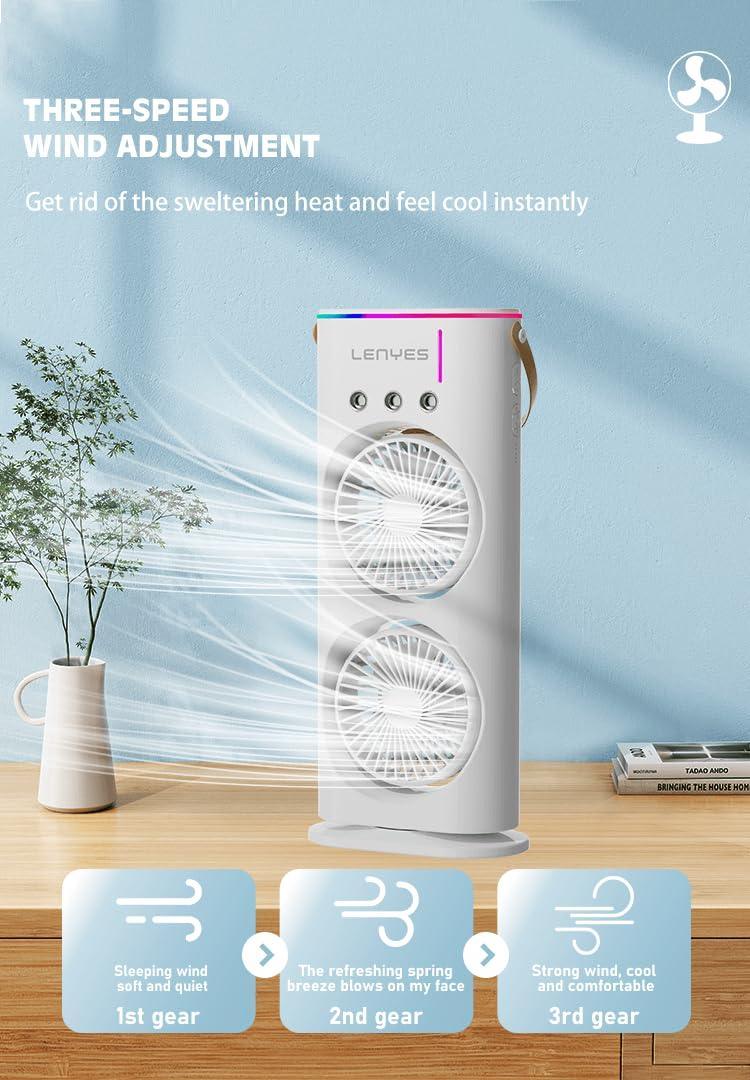 Lenyes LHF03 Tower Dual Fan – Portable USB Fan with LED Lighting, 3 Speeds, 2 Light Modes, High-Speed Oscillation (White) - Jaiman Toys