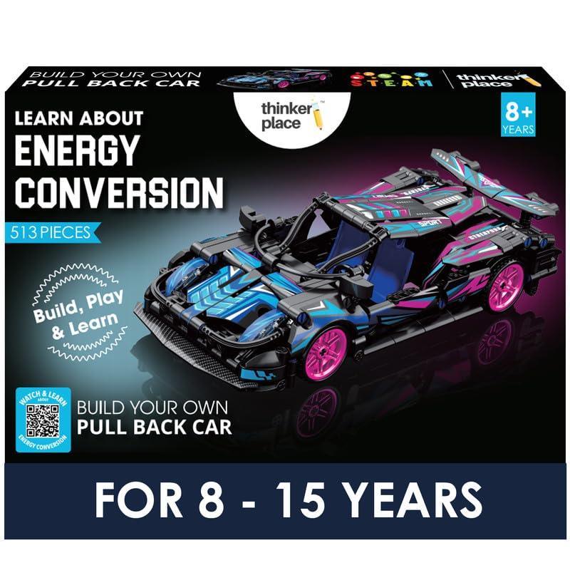 ThinkerPlace 1:18 DIY Blocks Pull-Back Car – Pink & Black | Buildable STEM Construction Racing Toy for KidsV 8+