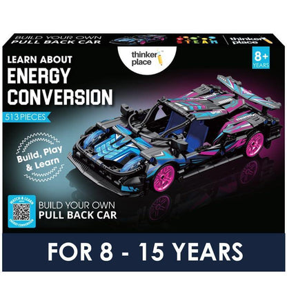 ThinkerPlace 1:18 DIY Blocks Pull-Back Car – Pink & Black | Buildable STEM Construction Racing Toy for KidsV 8+