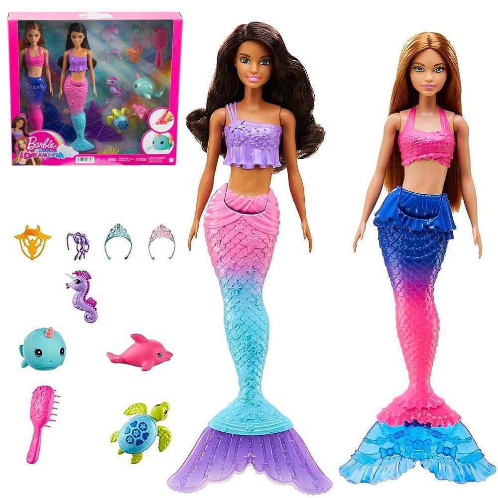 Barbie Mermaid Set with 2 Brunette Dolls (12-in/30.40-cm), Colorful Mermaid Clothes, 4 Sea Pet Toys, 2 Tiaras, Headband, Necklace & Brush, Toy Gift for Ages 3 Years Old & Up - Jaiman Toys