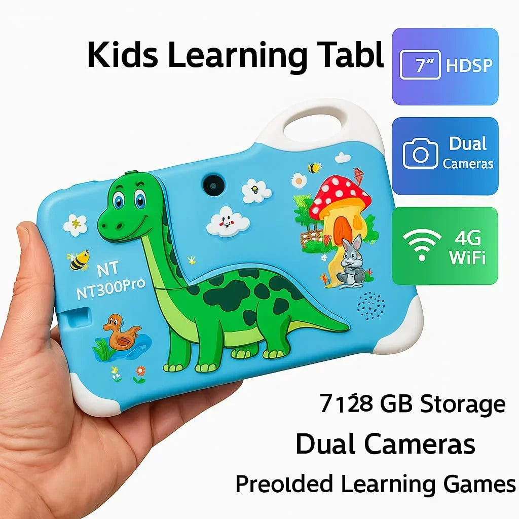 Kids Learning Tablet – 7" HD, 128GB, Dual Cameras, 4G/WiFi, Parental Lock, Fall-Proof Cover (Dinosaur - Green) - Jaiman Toys