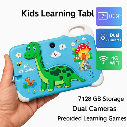 Kids Learning Tablet – 7" HD, 128GB, Dual Cameras, 4G/WiFi, Parental Lock, Fall-Proof Cover (Dinosaur - Green) - Jaiman Toys