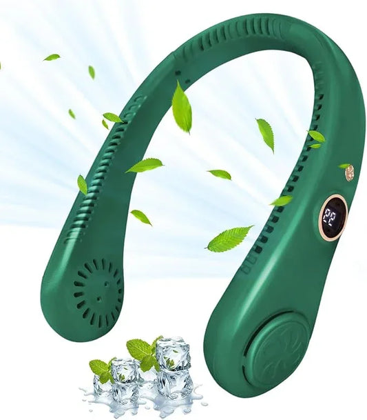 Portable Neck Fan, Personal Fan USB Rechargeable Neck Fan, 5 Speed Hanging Bladeless Fan with Monitor (Green) - Jaiman Toys