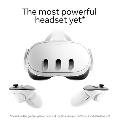 White VR headset and controllers with text 'The most powerful headset yet' on white background