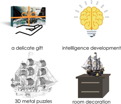 Piececool 3D Metal Puzzle The Black Pearl Pirate Ship (Large) – 307 Pieces – Level 5 Difficulty – Stainless Steel DIY Model Kit