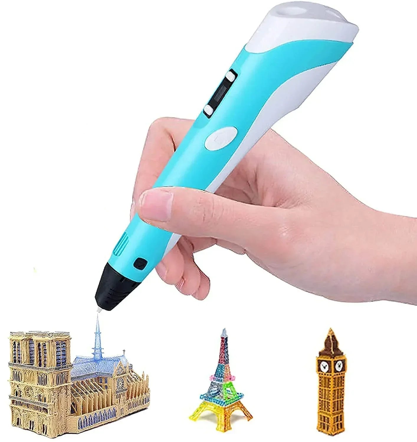 Hand holding a blue 3D printing pen creating miniature landmark models, creative toy for kids