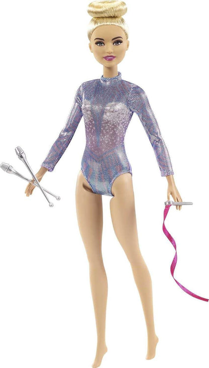 Barbie Rhythmic Gymnast Blonde Doll (12-in/30.40-cm) with Colorful Metallic Leotard, 2 Clubs & Ribbon Accessory, Great Gift for Ages 3 Years Old & Up - Jaiman Toys