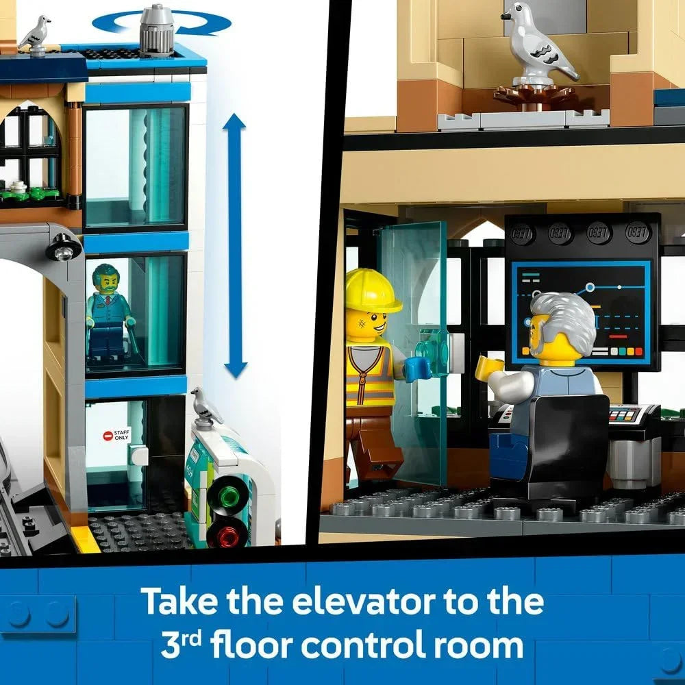 LEGO City 60469  Central Train Station Set with a Maintenance Vehicle Toy, Working Lift, Ticket Machine, 2 Platforms & a Track Piece, plus 6 Minifigures - Gift for 7+ Year Old Boys & Girls