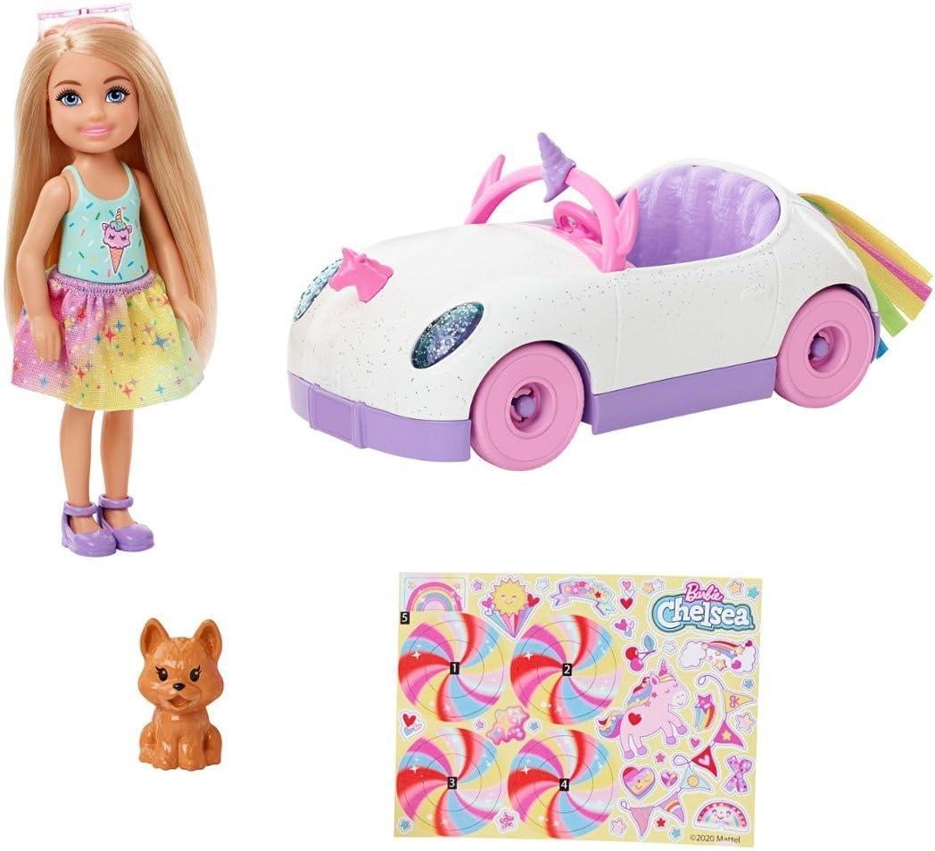 Barbie Club Chelsea™ Doll (6-inch Blonde) with Open-Top Rainbow Unicorn-Themed Car, Pet Puppy, Sticker Sheet & Accessories, Gift for Ages 3 and up - Jaiman Toys