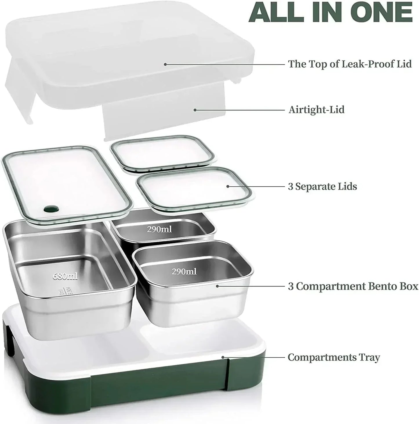 Stainless Steel Kids Lunch Box - 720ML Insulated Bento with Tableware & Bag, 3 Compartments, Leakproof, BPA-Free, Dishwasher Safe - Olive - Jaiman Toys