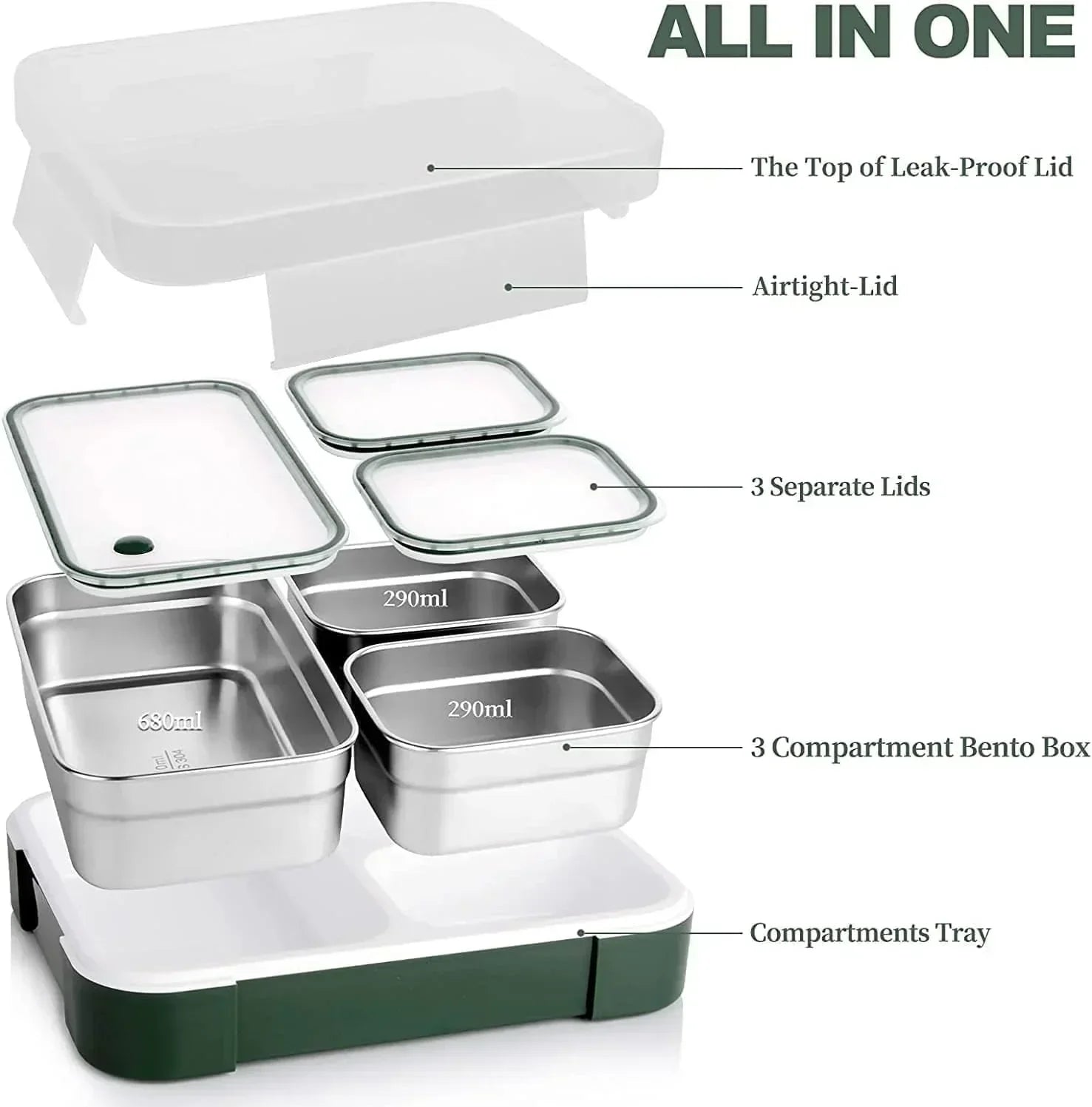 Stainless Steel Kids Lunch Box - 720ML Insulated Bento with Tableware & Bag, 3 Compartments, Leakproof, BPA-Free, Dishwasher Safe - Olive - Jaiman Toys