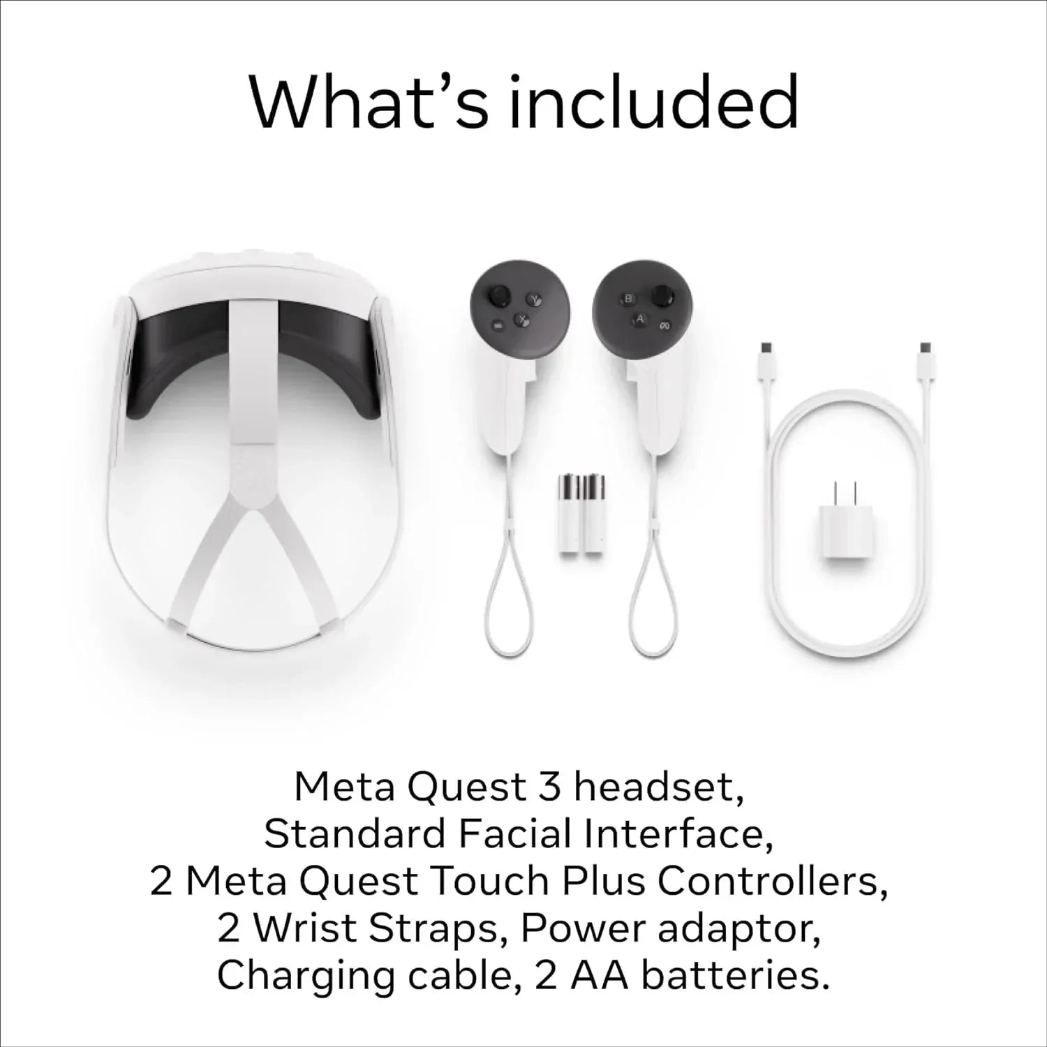 Meta Quest 3 VR headset, two controllers, wrist straps, charging cable, power adapter, and AA batteries displayed on white background.