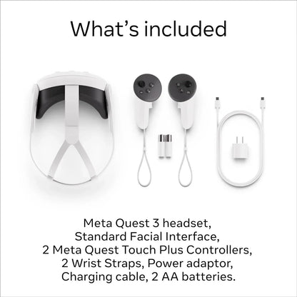 Meta Quest 3 VR headset, two controllers, wrist straps, charging cable, power adapter, and AA batteries displayed on white background.