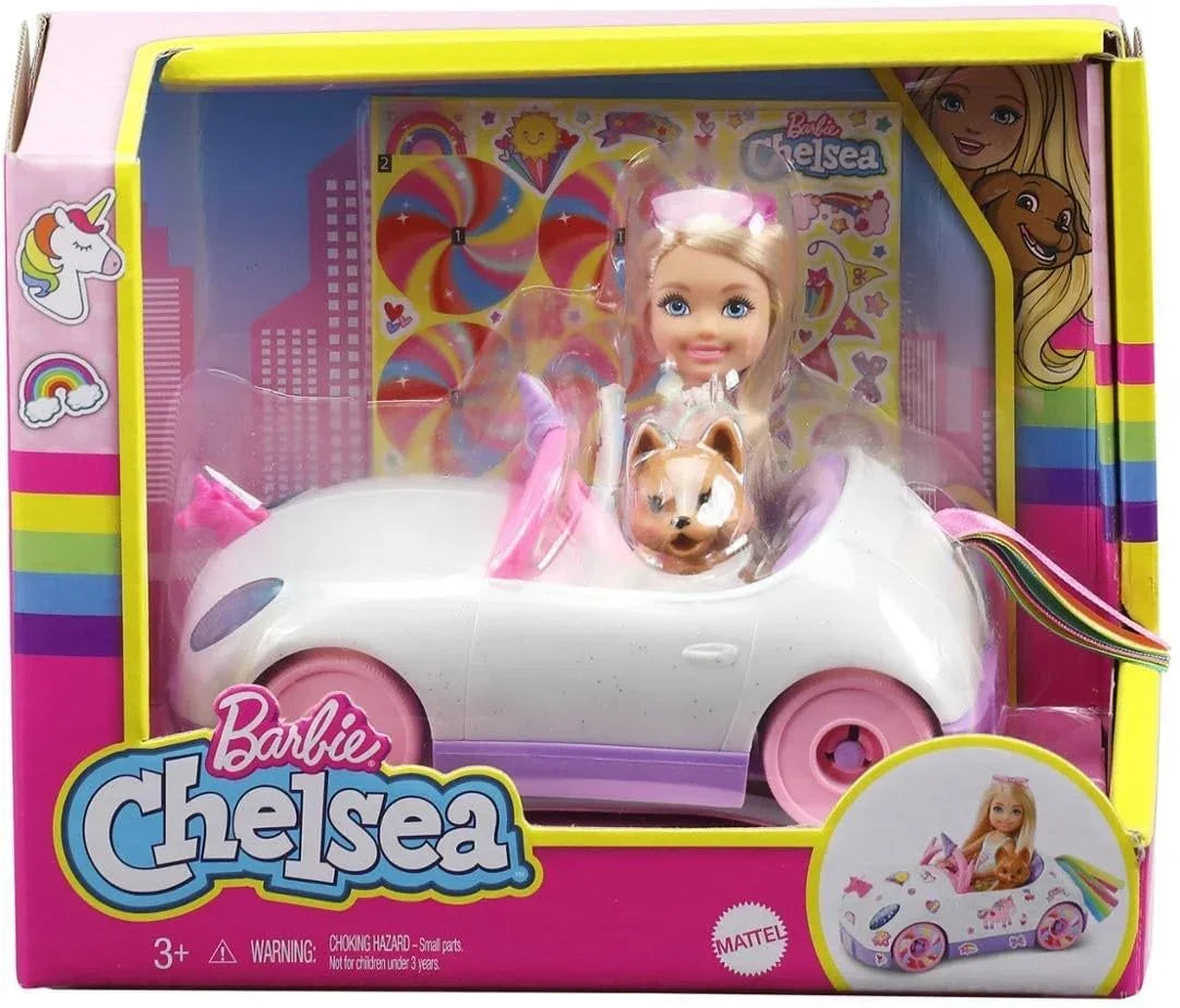 Barbie Club Chelsea™ Doll (6-inch Blonde) with Open-Top Rainbow Unicorn-Themed Car, Pet Puppy, Sticker Sheet & Accessories, Gift for Ages 3 and up - Jaiman Toys