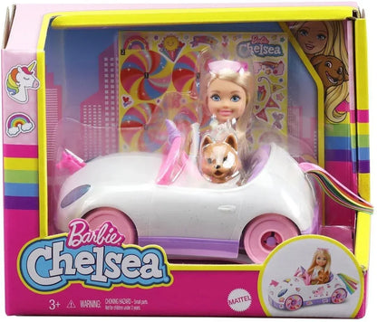 Barbie Club Chelsea™ Doll (6-inch Blonde) with Open-Top Rainbow Unicorn-Themed Car, Pet Puppy, Sticker Sheet & Accessories, Gift for Ages 3 and up - Jaiman Toys