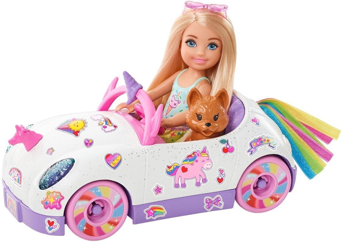 Barbie Club Chelsea™ Doll (6-inch Blonde) with Open-Top Rainbow Unicorn-Themed Car, Pet Puppy, Sticker Sheet & Accessories, Gift for Ages 3 and up - Jaiman Toys