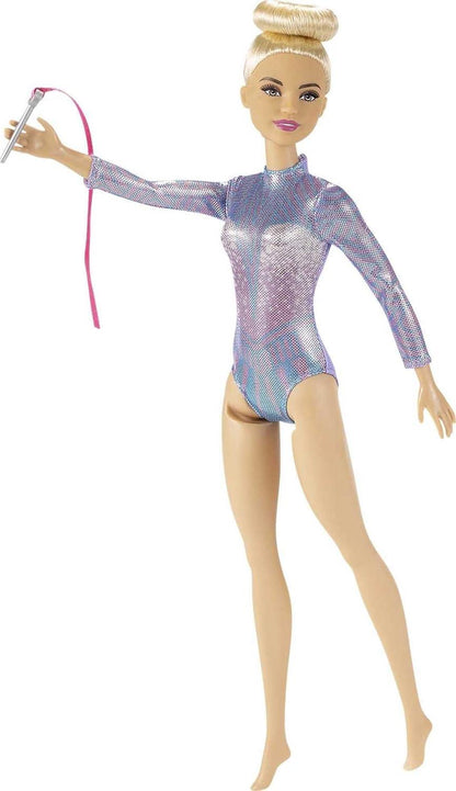 Barbie Rhythmic Gymnast Blonde Doll (12-in/30.40-cm) with Colorful Metallic Leotard, 2 Clubs & Ribbon Accessory, Great Gift for Ages 3 Years Old & Up - Jaiman Toys