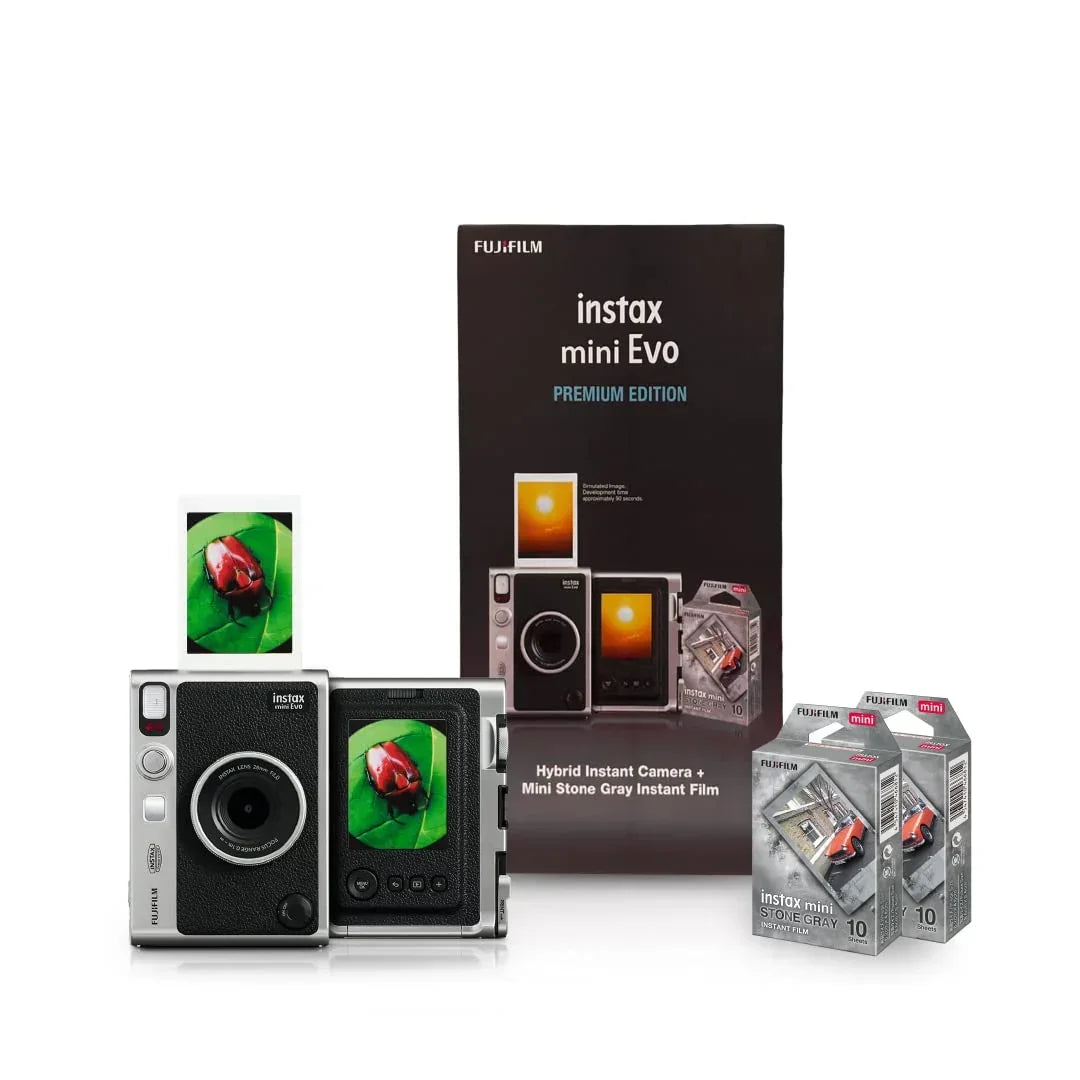 Fujifilm Instax Mini Evo Hybrid Camera Premium Edition with 20 Shots of Stone Gray Film and 100 Different Expressions-(Black) - Jaiman Toys