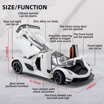 Joy Junction 1:24 Koenig Smoke White Scale Die-Cast Hypercar Model with Sound & Light – Pull Back Metal Sports Car Toy