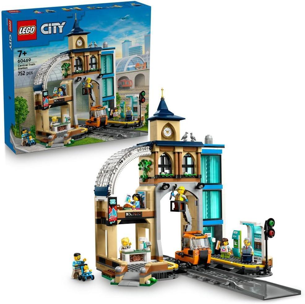 LEGO City 60469  Central Train Station Set with a Maintenance Vehicle Toy, Working Lift, Ticket Machine, 2 Platforms & a Track Piece, plus 6 Minifigures - Gift for 7+ Year Old Boys & Girls