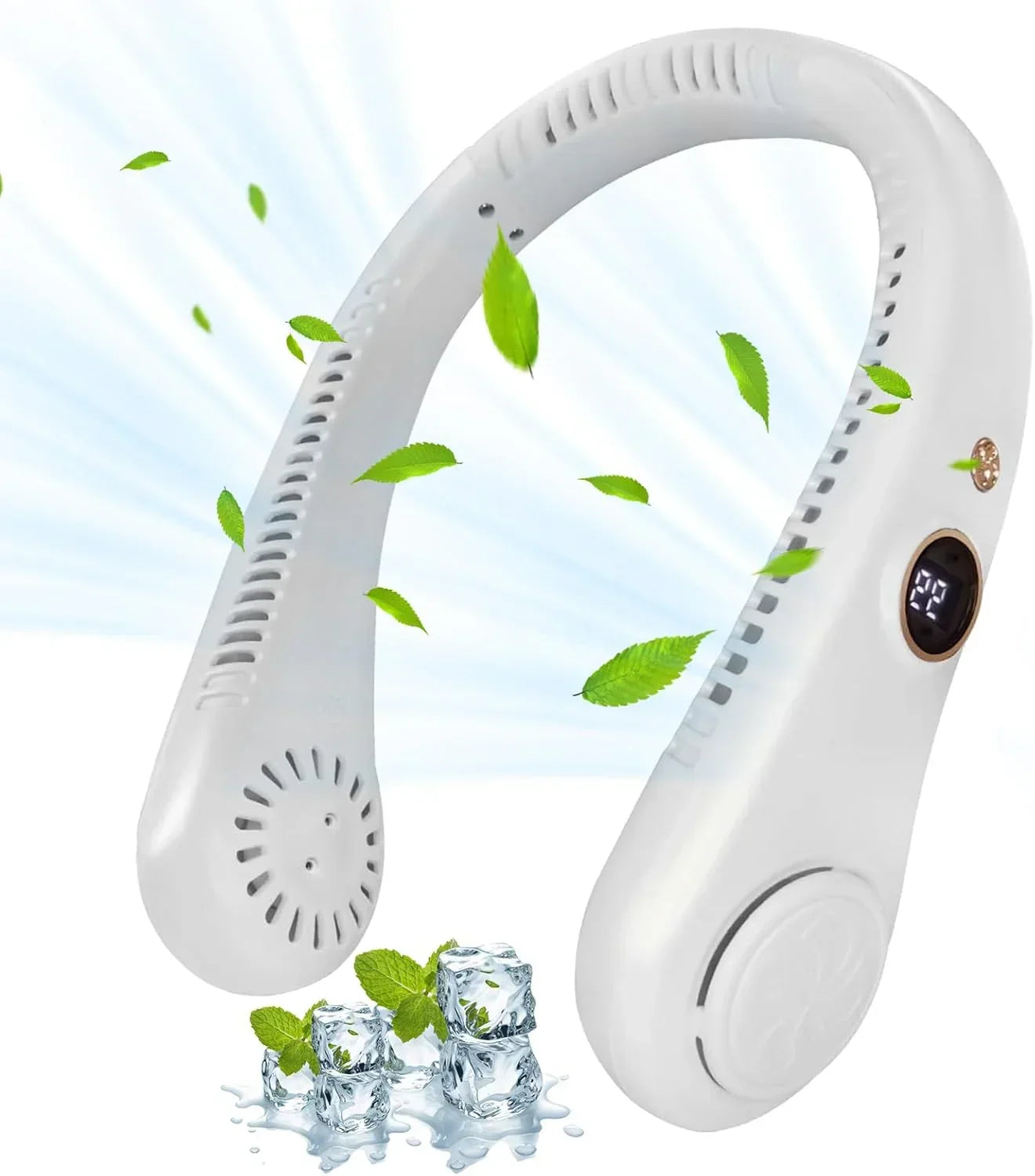 Portable Neck Fan, Personal Fan USB Rechargeable Neck Fan, 5 Speed Hanging Bladeless Fan with Monitor (White) - Jaiman Toys